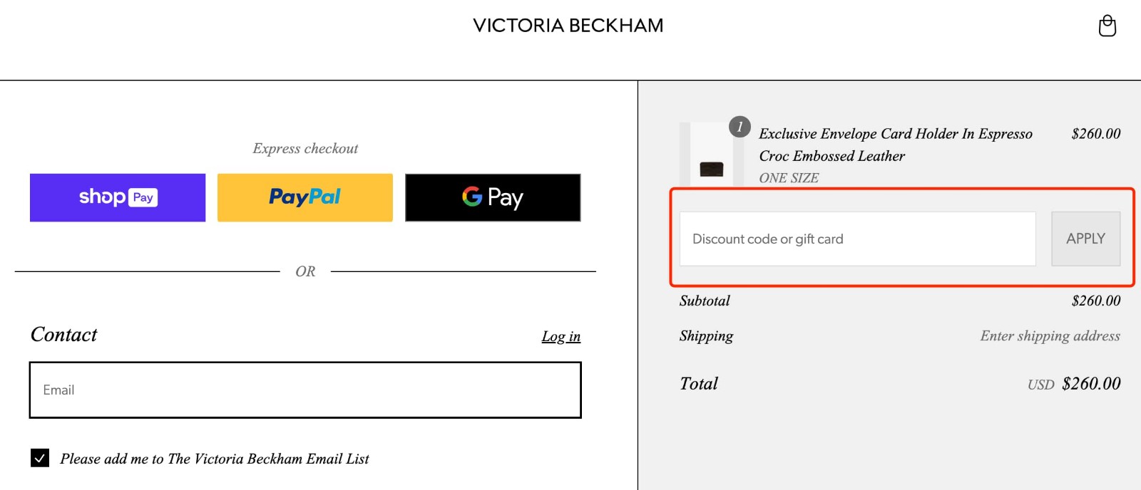 how to apply Victoria Beckham Discount Code - step 1