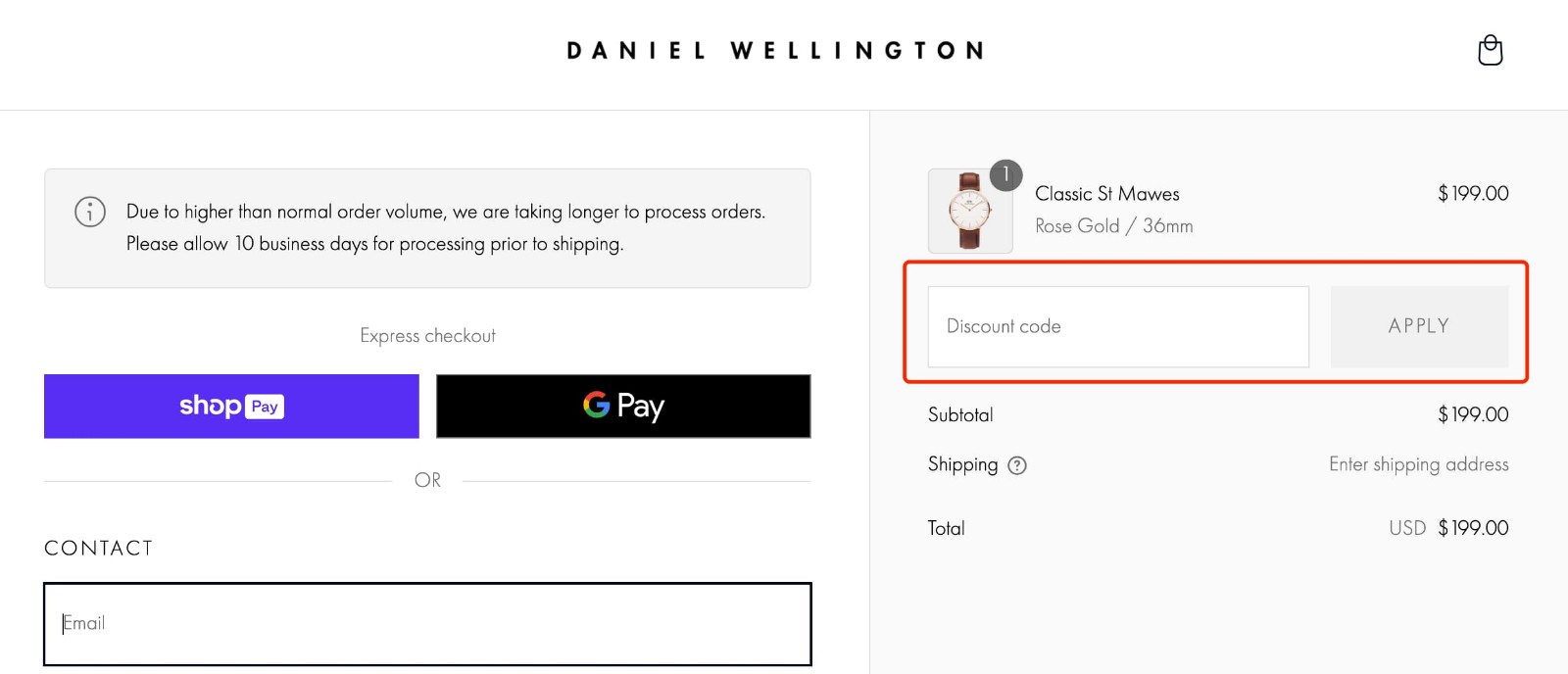 how to apply Daniel Wellington Discount Code - step 1