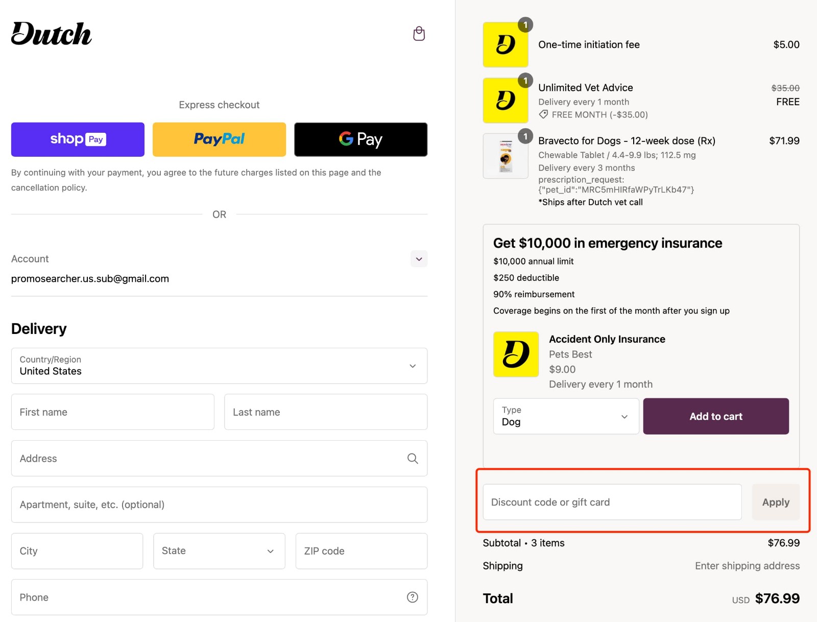 how to apply Dutch Promo Code - step 1