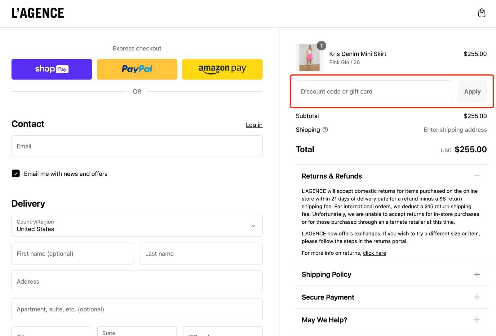 how to apply L'AGENCE Coupon Code - step 1