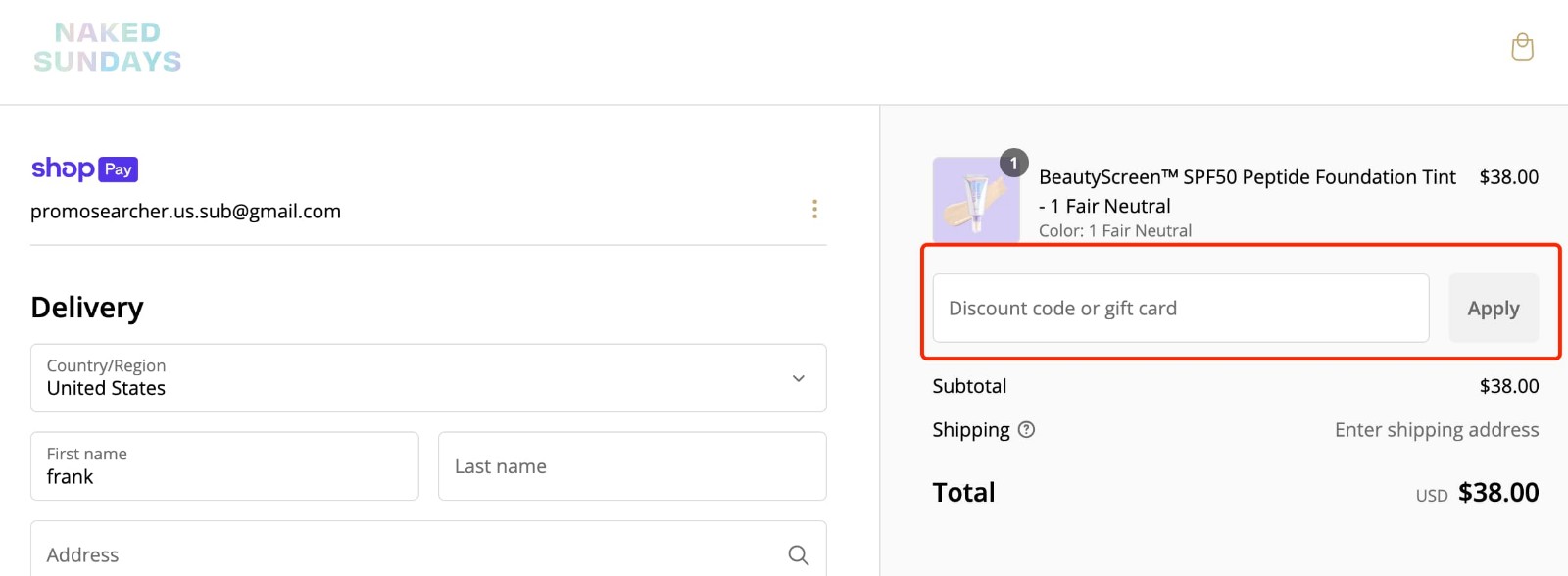 how to apply Naked Sundays Promo Code - step 1