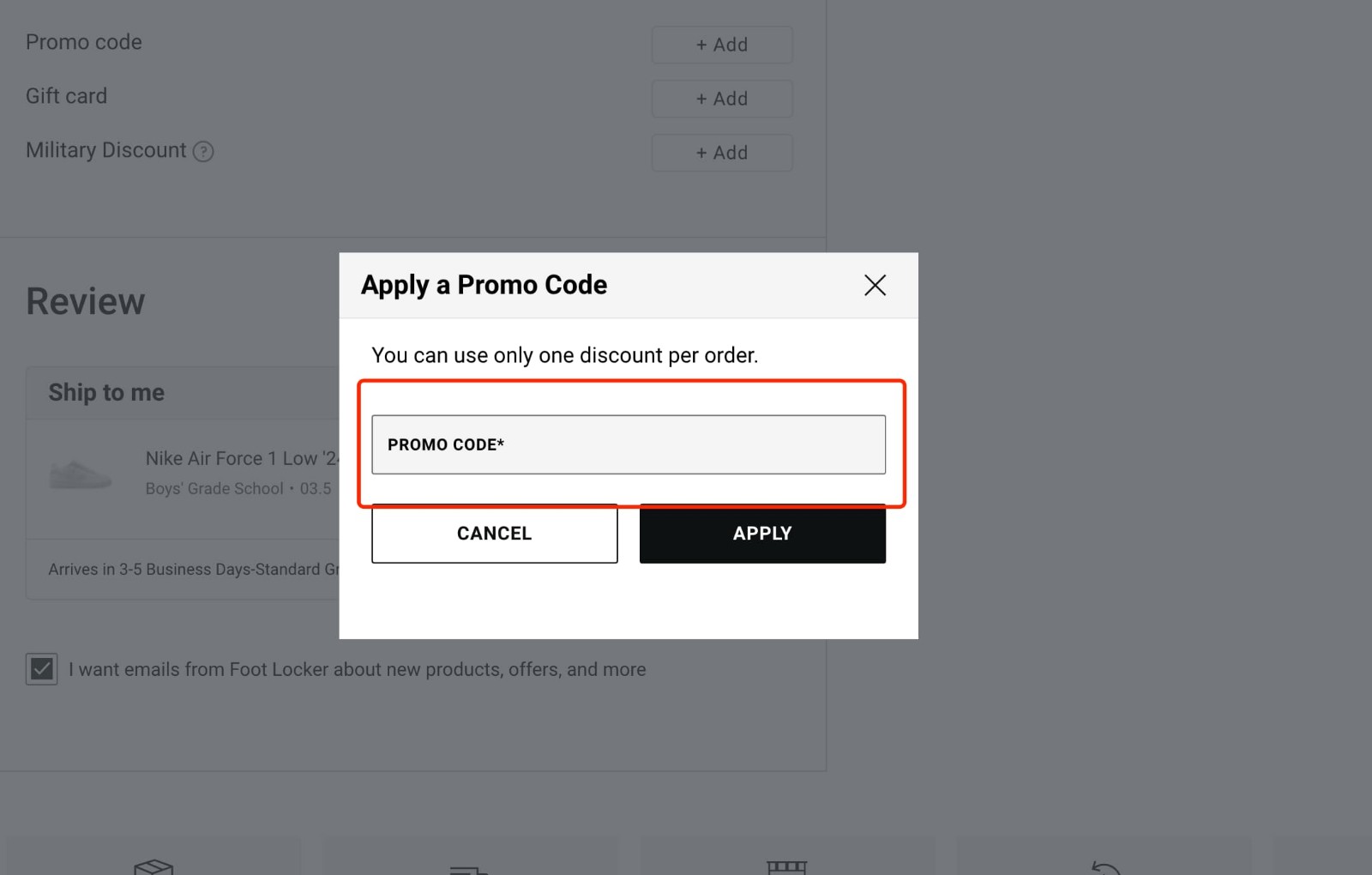 how to apply Foot Locker Promo Code - step 2