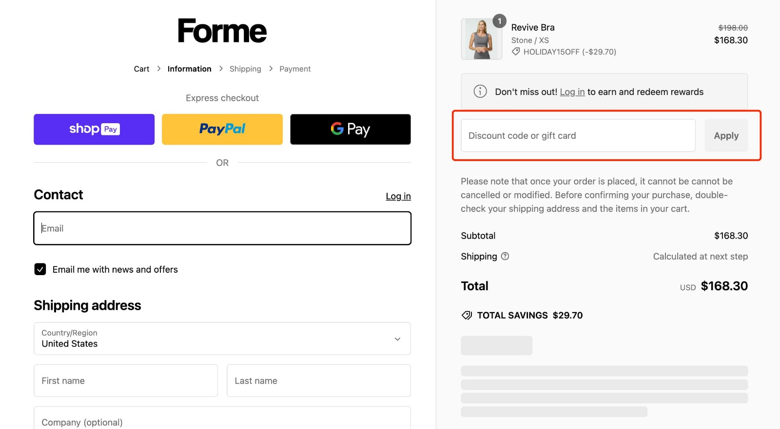 how to apply Forme Science Discount Code - step 1