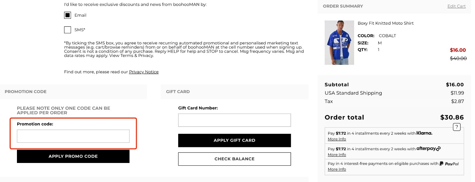 how to apply boohooMan Promo Code - step 1