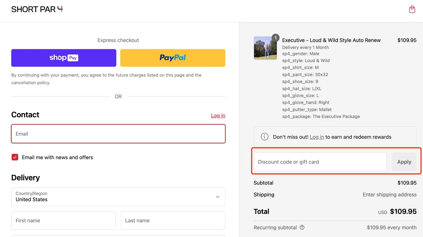 how to apply Short Par 4 Discount Code - step 1