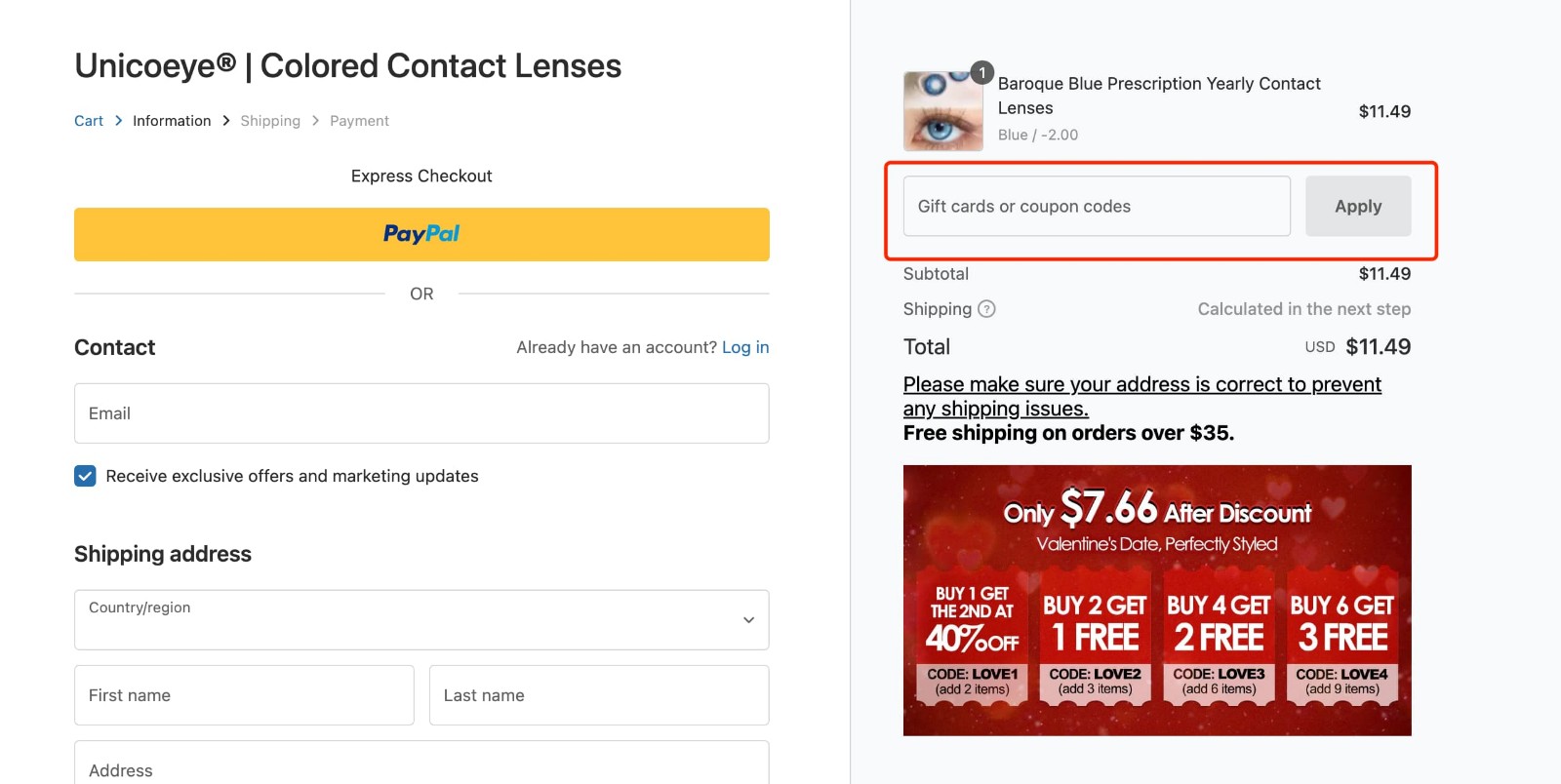 how to apply Unicoeye Coupon Code - step 1