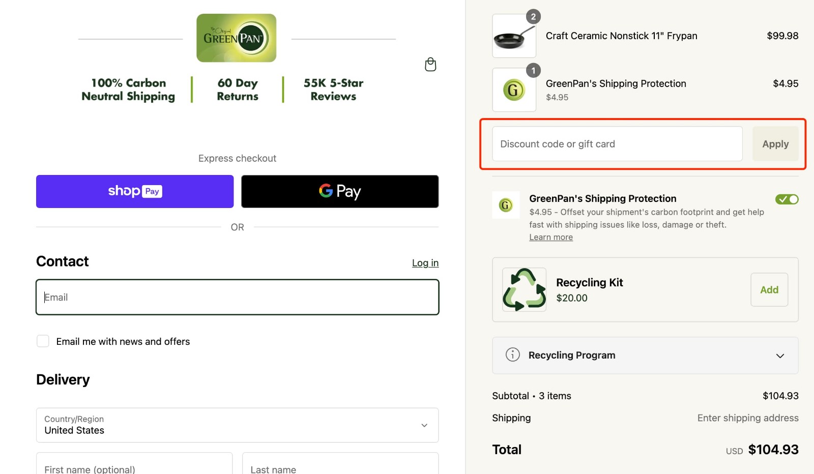 how to apply GreenPan Discount Code - step 1