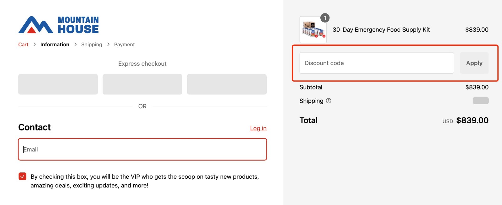 how to apply Mountain House Discount Code - step 1