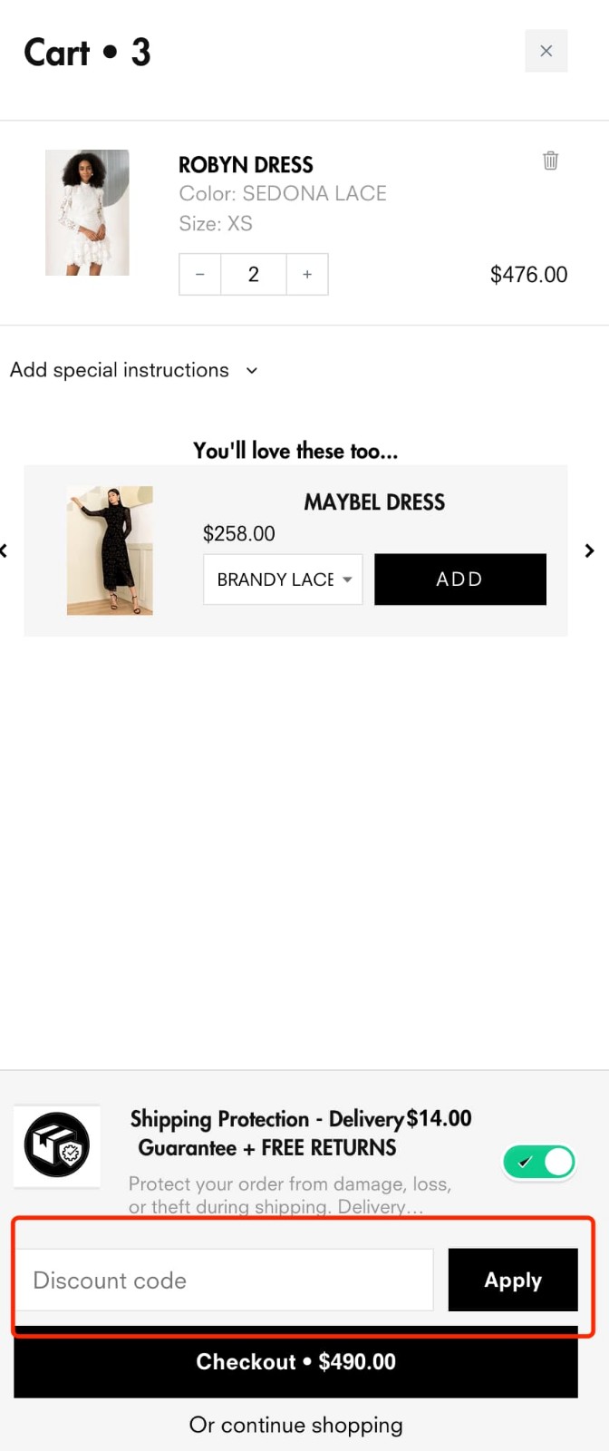 how to apply Yumi Kim Coupon Code - step 1