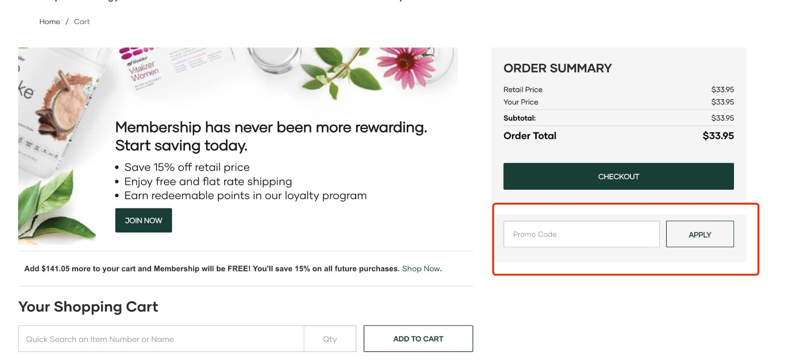 how to apply Shaklee Promo Code - step 1
